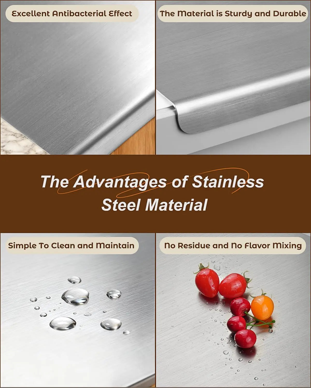 Stainless Steel Chopping Board with Counter Lip – Large Food-Grade Metal Cutting Board with Non-Slip Mat – Ideal for Meat, Veg, Bread & Dough – Available in 50 x 40cm & 70 x 58cm