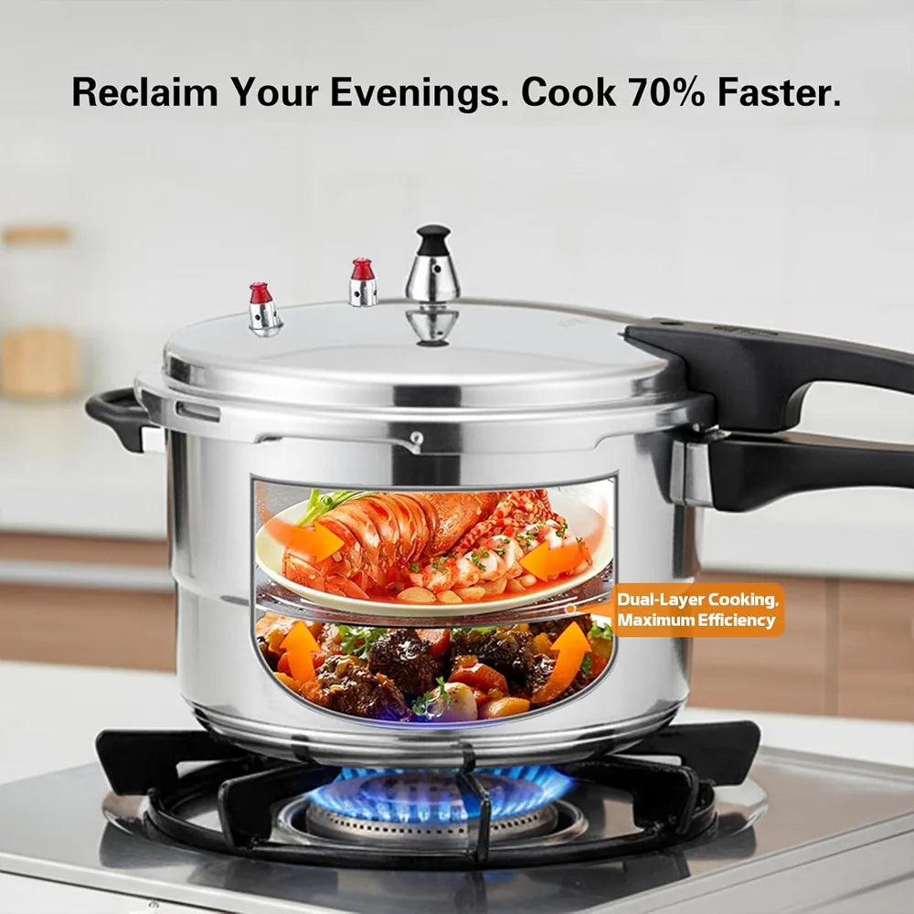 Stainless Steel Pressure Cooker with Steamer Insert – 7L Family Size 304 Pressure Cooker with Triple Safety Valves – Best for Stews, Pulses & Fast Family Meals (24cm)
