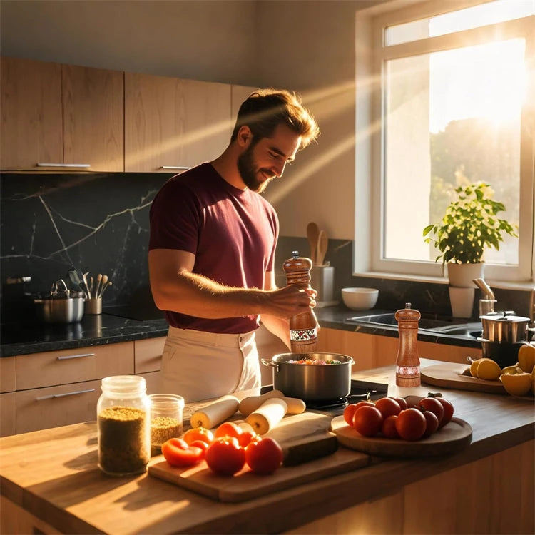 Classic Oak Wood Salt & Pepper Mill Set – Adjustable Manual Pepper Grinder & Salt Grinder with Ceramic Core – Best for the Kitchen & Dining Table