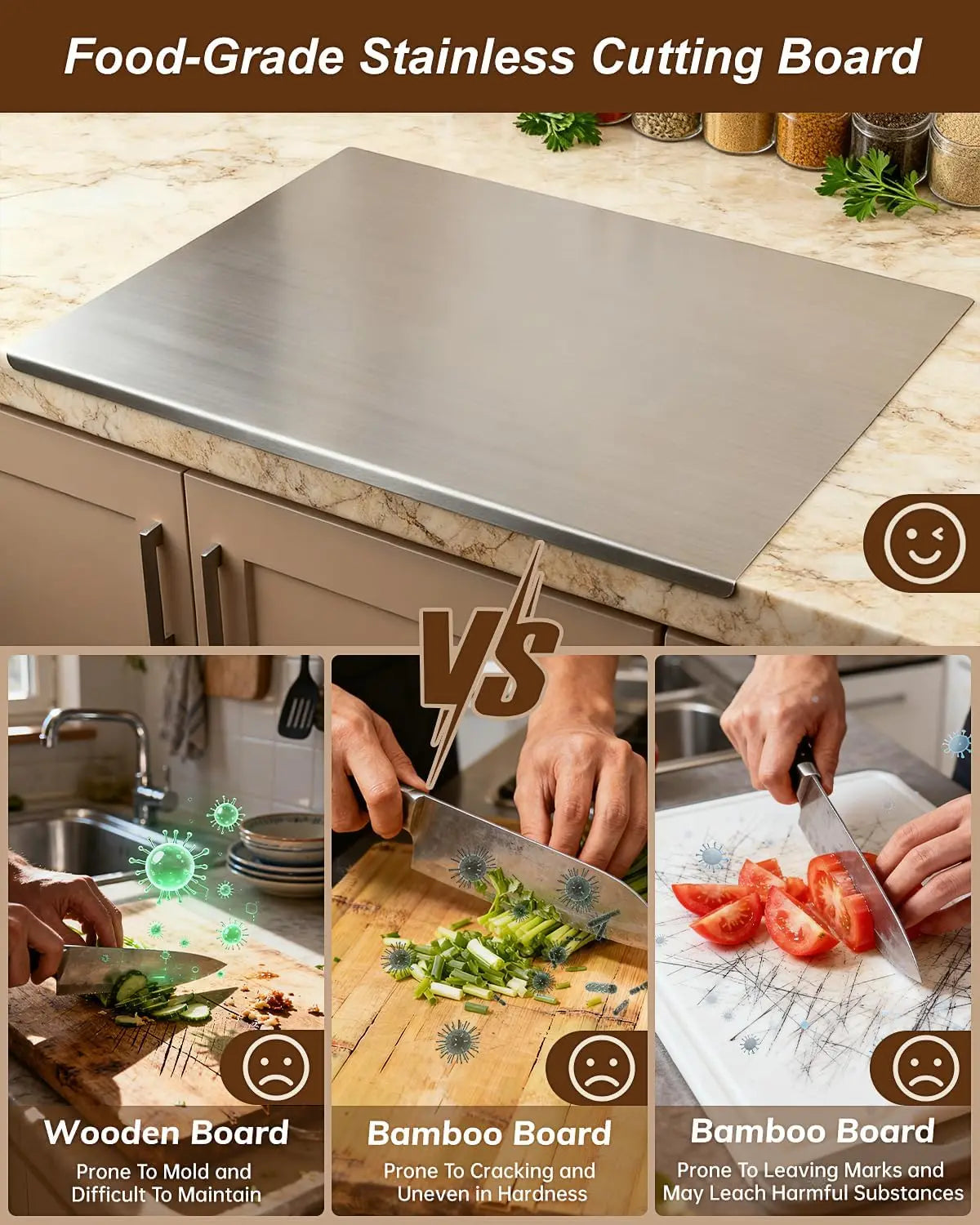 Stainless Steel Chopping Board with Counter Lip – Large Food-Grade Metal Cutting Board with Non-Slip Mat – Ideal for Meat, Veg, Bread & Dough – Available in 50 x 40cm & 70 x 58cm