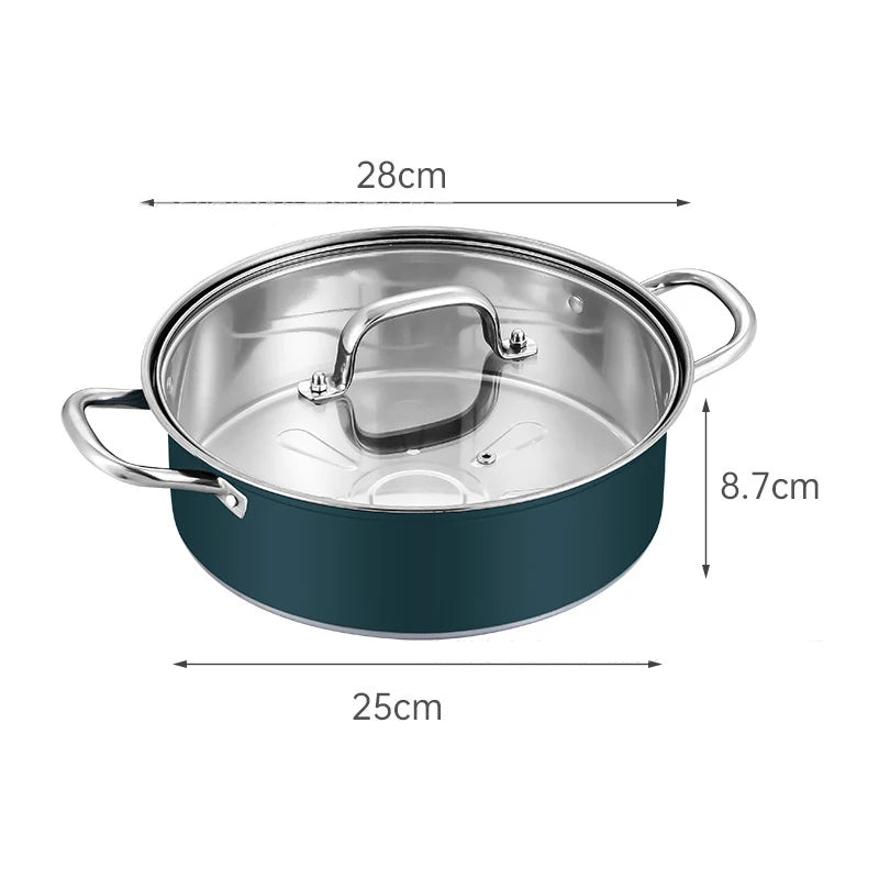28cm Colorful Stock Pot with Glass Lid Premium Stainless Steel Stew Pot Induction Compatible Thick Cooking Pot for Soup Pasta green