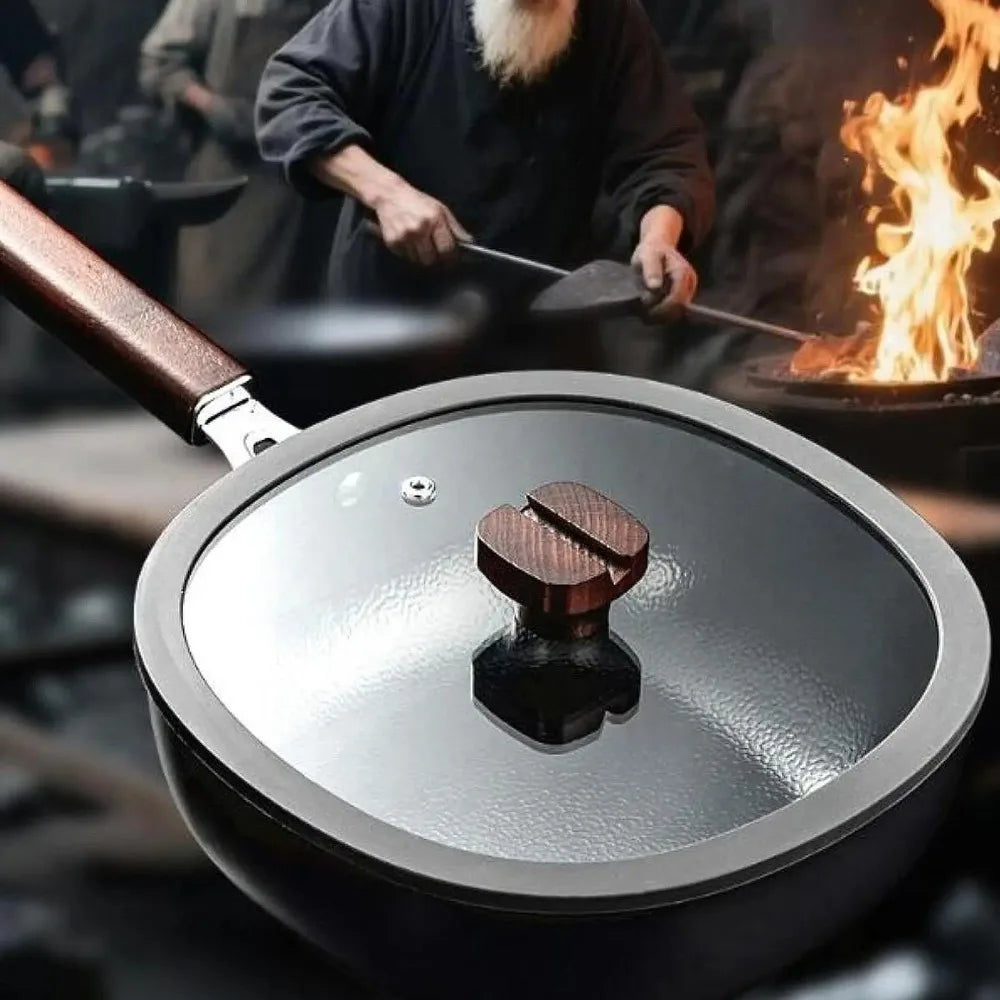 24cm Refined Iron Square Deep Frying Pan with Glass Lid & Wooden Handle – No Coating, Flat Bottom, Deep Wok-Style Stir Fry Pan, Great Cookware for Frying, Boiling, and Stir-Frying