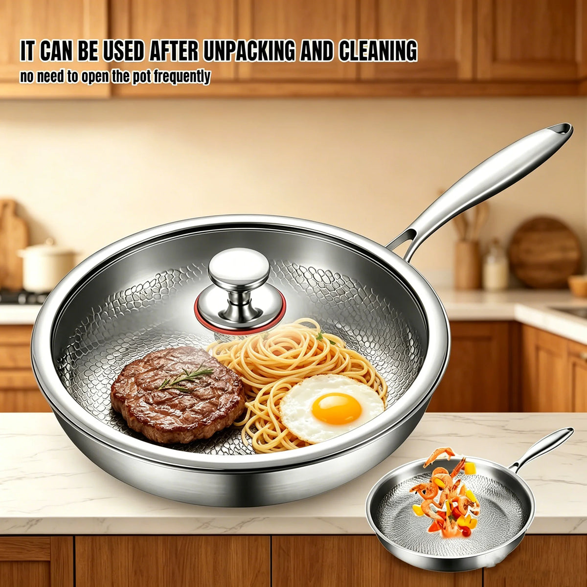 Titanium Steel Non-Stick Wok & Frying Pan – Hammered 3-Layer Induction Skillet for Eggs & Steak – Best for All Stoves & Ovens – Available in 26cm, 28cm & 30cm