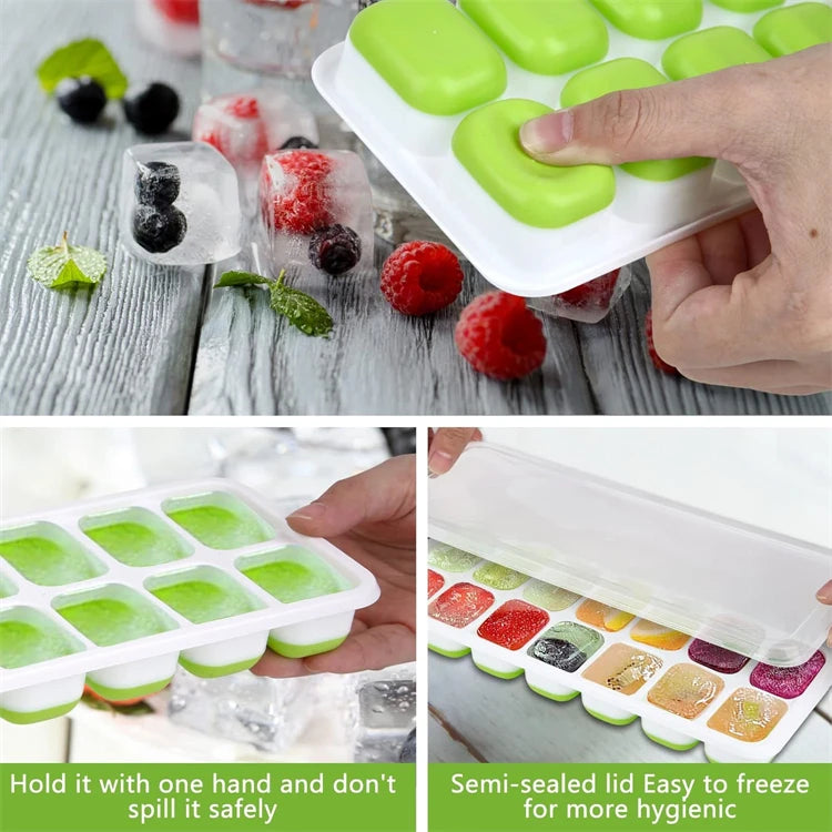 Easy-Release Ice Cube Tray with Lid – 14 Cube Stackable Ice Mould – Best for Chilling Water, Juice & Iced Coffee – Available in Pink, Green, Yellow & Blue Colours