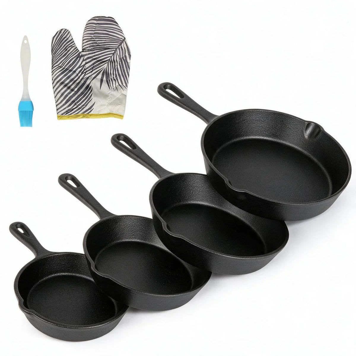 6 Piece Cast Iron Skillet Set – Pre-Seasoned 10cm, 14cm, 16cm & 20cm Pans with Oil Brush & Heat-Resistant Glove – Ideal for Hob, Grill & Campfire Cooking