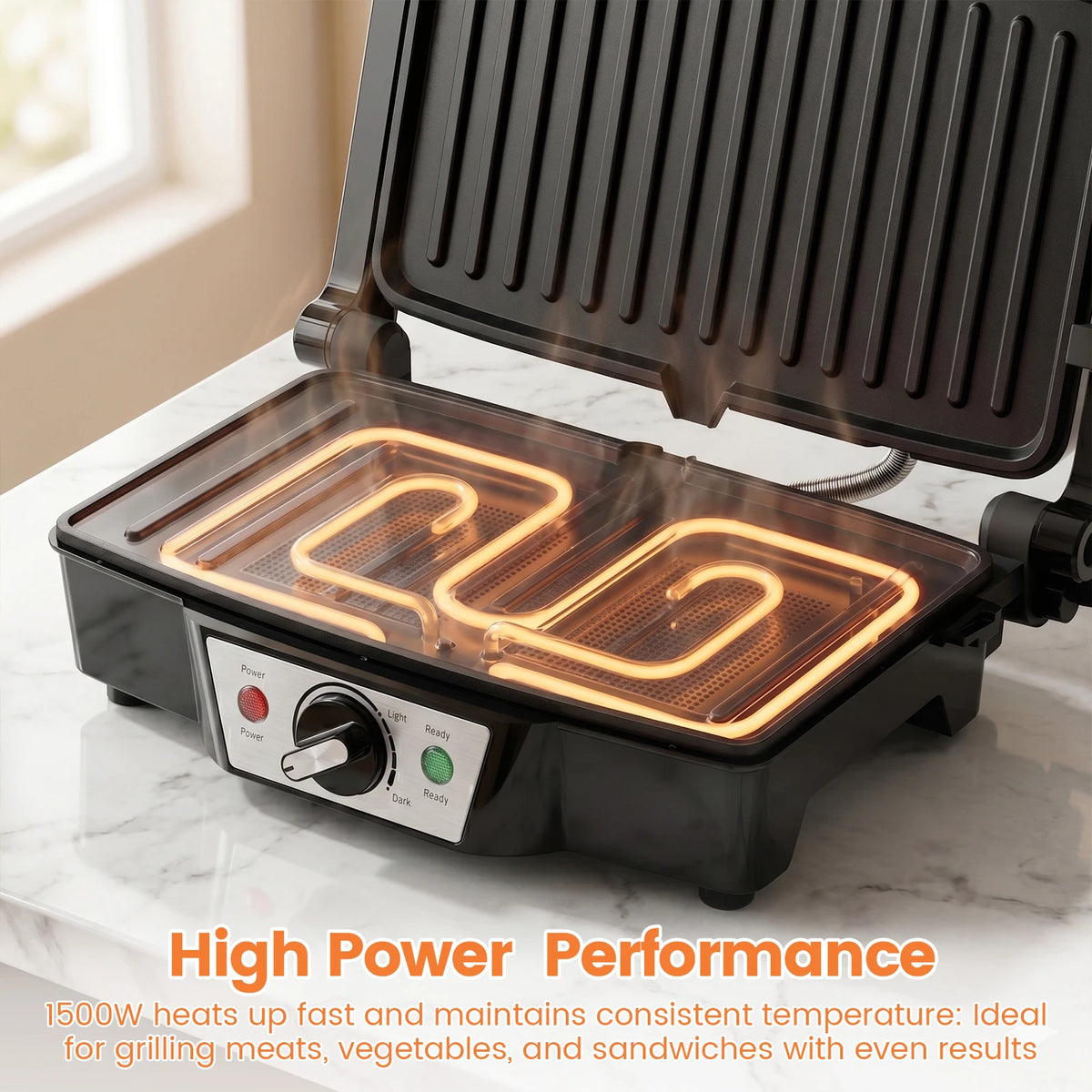Panini Press & Electric Sandwich Maker – 1500W Grill with 180° Flat Open Non-Stick Plates & Adjustable Temperature – Best for Toasties, Paninis & Burgers
