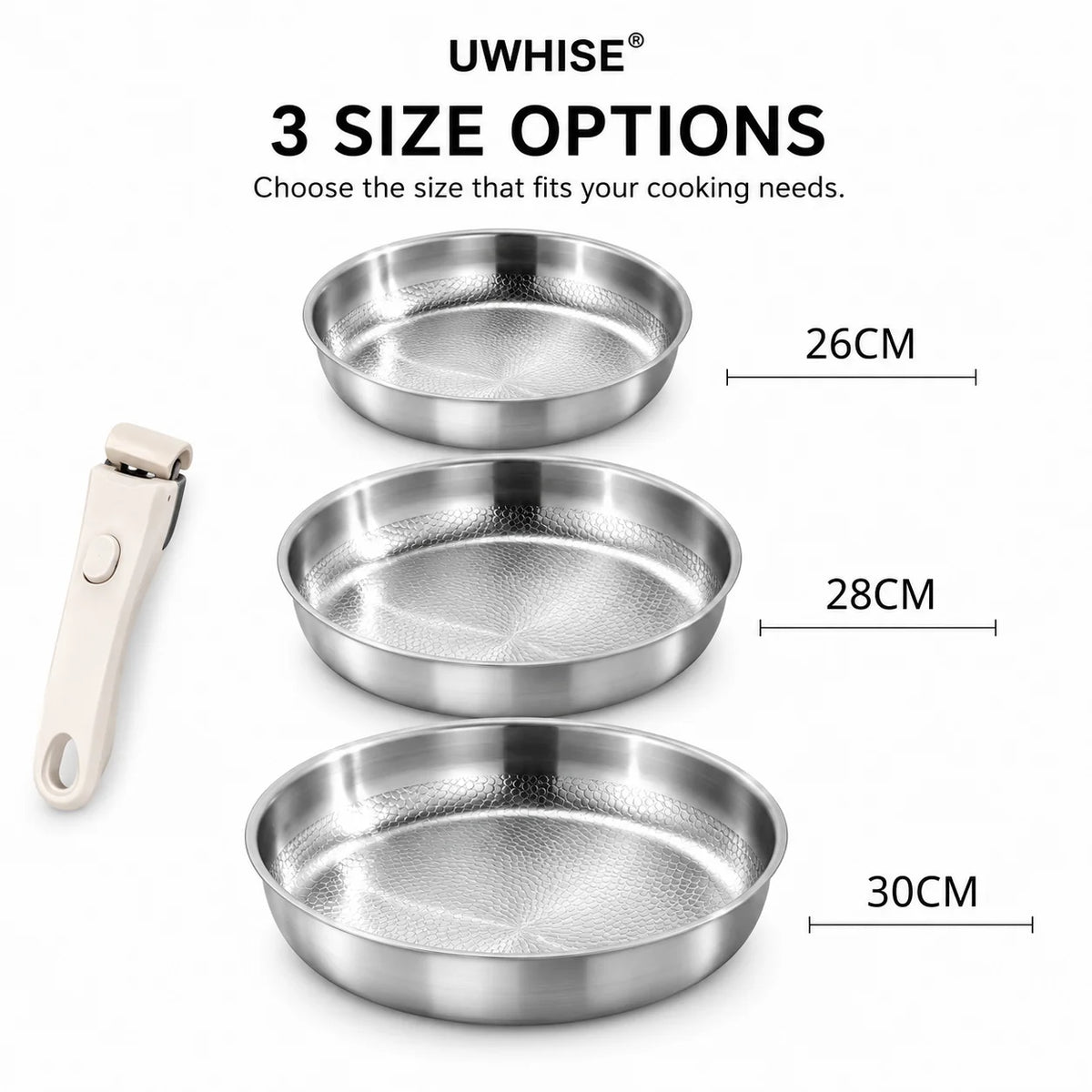 Hammered Stainless Steel Frying Pan with Detachable Handle – 3-Ply Uncoated Space-Saving Skillet – Best for Searing, Sautéing & Oven to Table – Available in 26cm, 28cm & 30cm