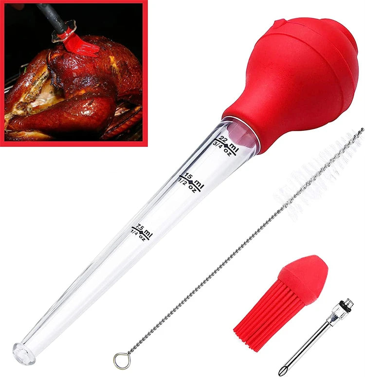 Stainless Steel Turkey Baster with Basting Brush & Injector Needle – Meat Baster Syringe – Great for Roasting Turkey, Chicken & BBQ – Available in Black & Red Colours