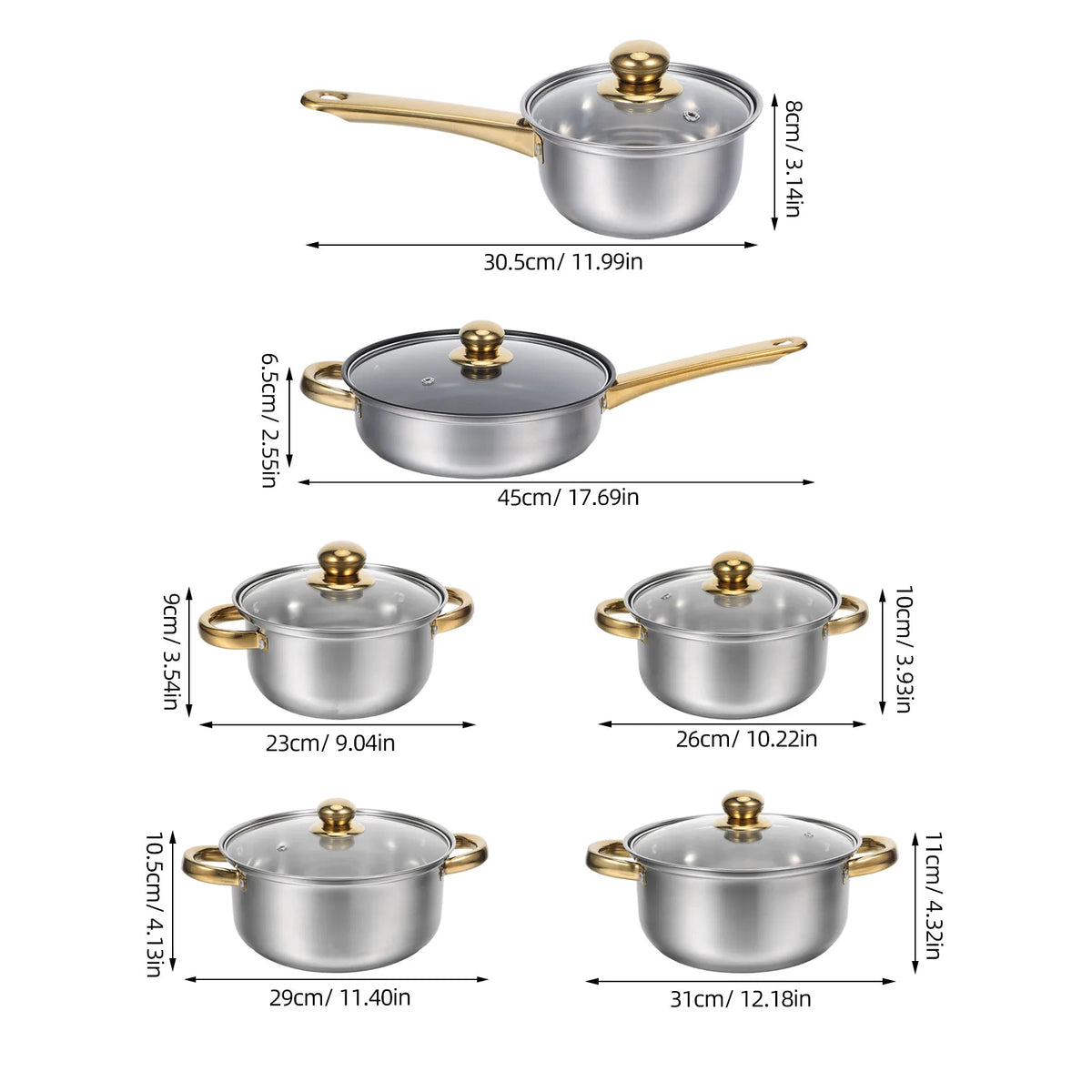 Golden Handle Stainless Steel Cookware Set with Glass Lids – 12 Piece Stock Pot, Saucepan, Steamer & Non-Stick Frying Pan – Ideal for Induction & Family Cooking