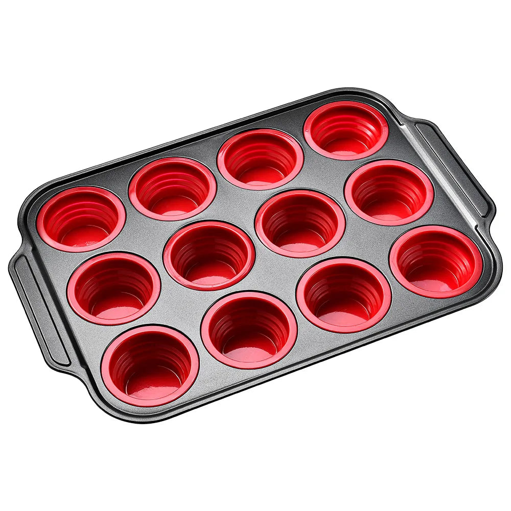 Collapsible Silicone Muffin Pan with Metal Frame Red 12 Holes