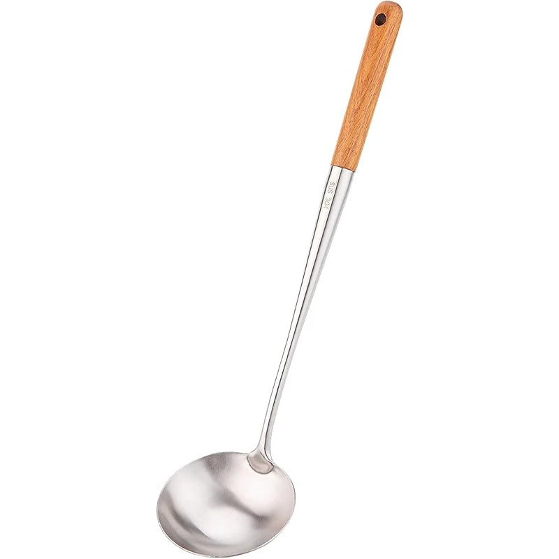 Stainless Steel Wok Spatula & Ladle Set with Wooden Handles – Skimmer, Slotted Turner & Cooking Utensils – Great for Stir-Fries, Soups & Frying – Available as a 4-Piece Set or Singles