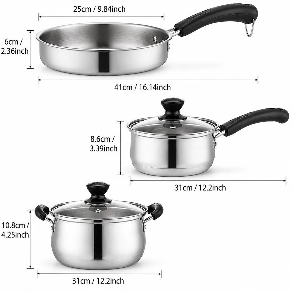 3 Piece Stainless Steel Cookware Set – Frying Pan, Saucepan & Stock Pot with Glass Lid – Ideal for Induction, Gas & Everyday Cooking (18cm)