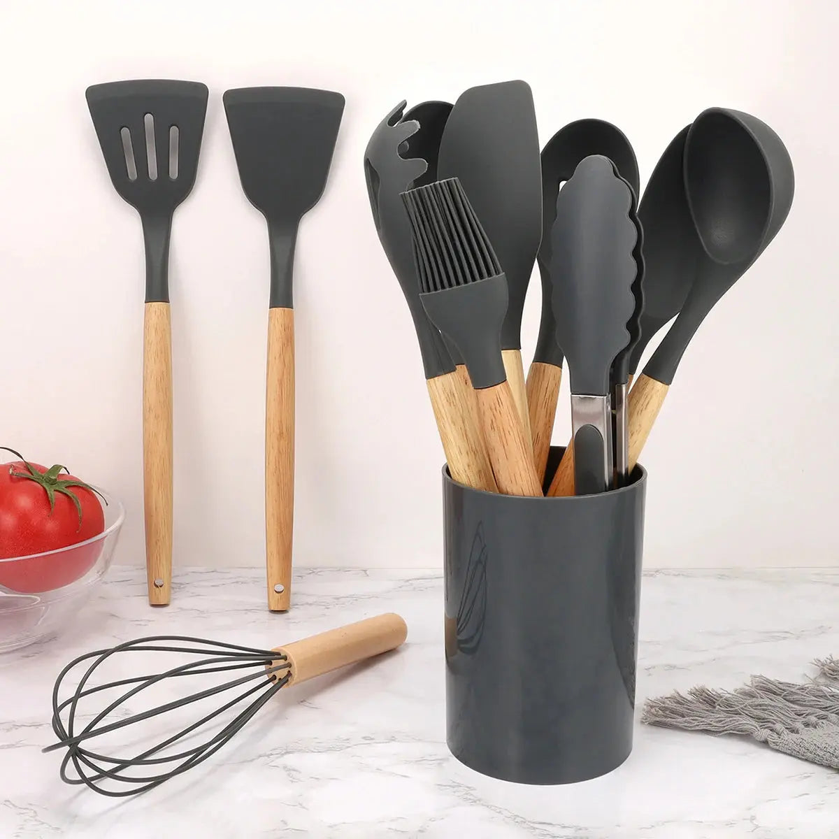 12-Piece Food-Grade Silicone Kitchen Utensils Set with Wooden Handles & Storage Holder – Versatile, Non-Stick & Heat-Resistant Cooking Utensils – Includes Turner, Spatula, Spoons & More for Cooking & Baking C for Chef