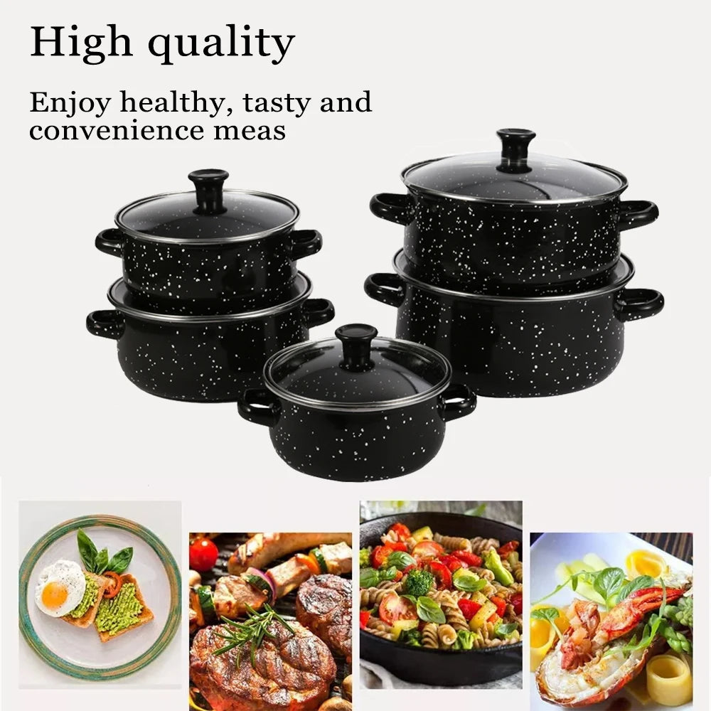 5 Piece Enamel Pot Set – Soup Pot, Cooking Pot, Stew Pot & Frying Pan – Perfect for Home Kitchens, Restaurants & Outdoor Cooking