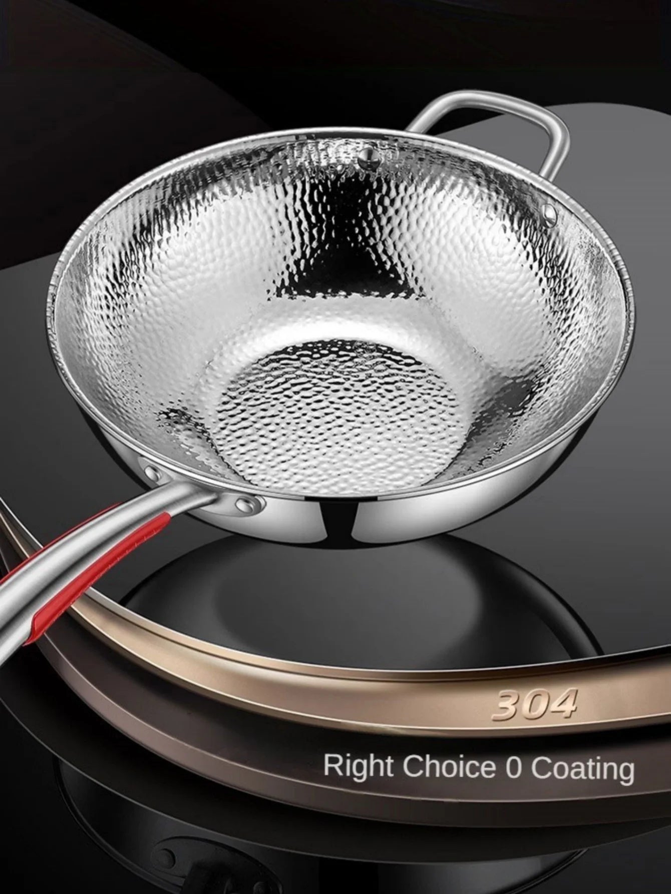 Stainless Steel Hammer-Patterned Wok with Glass Lid – Features Titanium Round-Bottom with Long Hook Handle & Side Helper Handle – Uncoated Tri-Layer Construction for Even Heat Distribution