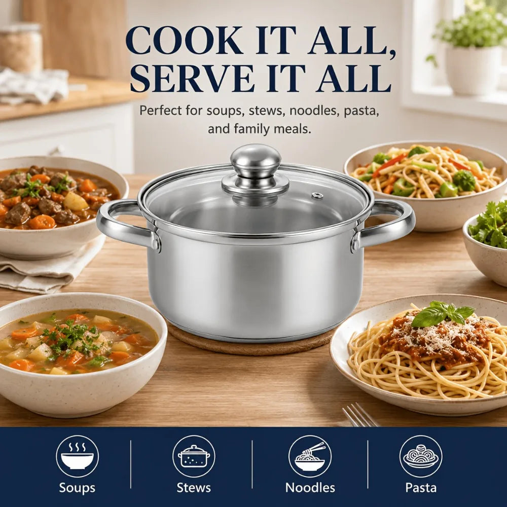 Stainless Steel Cooking Pot with Glass Lid – Brushed Silver Soup & Stew Pot for Induction & Gas Hobs – Great for Soups, Pasta & One-Pot Meals