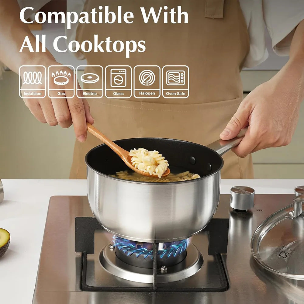 10 Piece Stainless Steel Pots & Pans Set with Non-Stick Interior – Saucepans, Casserole & Frying Pans with Glass Lids – Great for Induction & Everyday Cooking