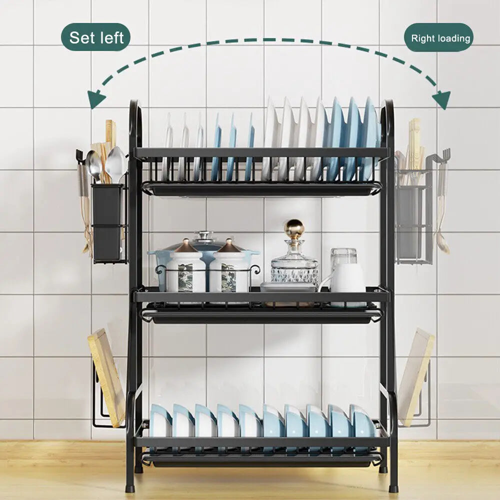 3 Tier Dish Drainer Rack with Drip Trays – Large Plate Rack with Cutlery & Chopping Board Holders – Great for Drying Dishes by the Sink