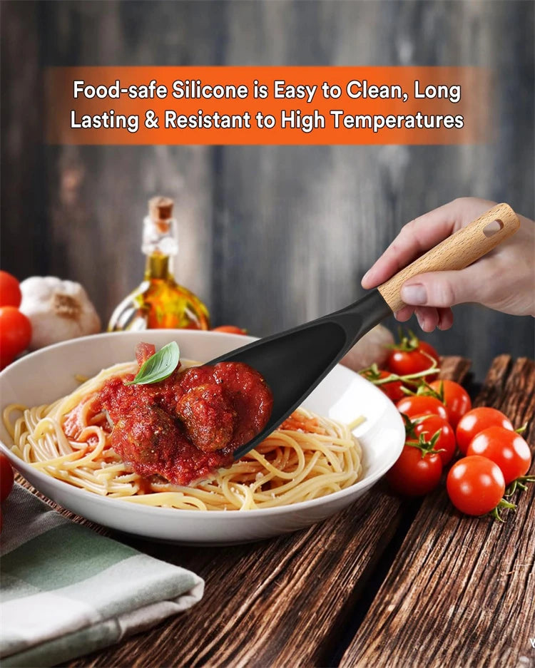 Silicone Cooking Spoon with Wooden Handle – Multi-Function Spatula Spoon for Nonstick Cookware – Great for Mixing, Stirring & Serving