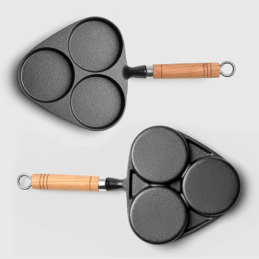 Three Hole Cast Iron Fried Egg Pan  With Wooden Handle Breakfast Pancake Pan Nonstick Egg Pan