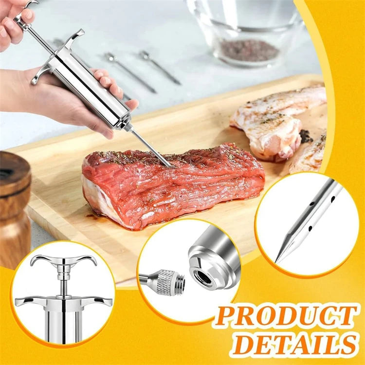 2oz Stainless Steel Meat Injector Syringe Kit with 3 Marinade Needles – Flavour Injector for Beef, Chicken & Turkey – Perfect for BBQ, Smoking & Roasting
