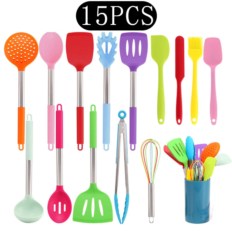 Silicone Kitchen Utensils Set with Stainless Steel Handles – Non-Stick, Heat-Resistant Cooking  Kitchen Utensils for Everyday Cooking & Baking, Available in 4 Colours & Multiple Set Sizes