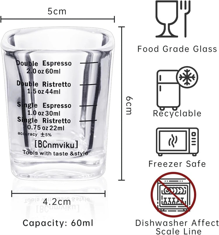 60ml Heavy Glass Espresso Shot Measuring Cup – Square 2oz Barista Shot Glass – Great for Espresso, Coffee & Measuring Liquids