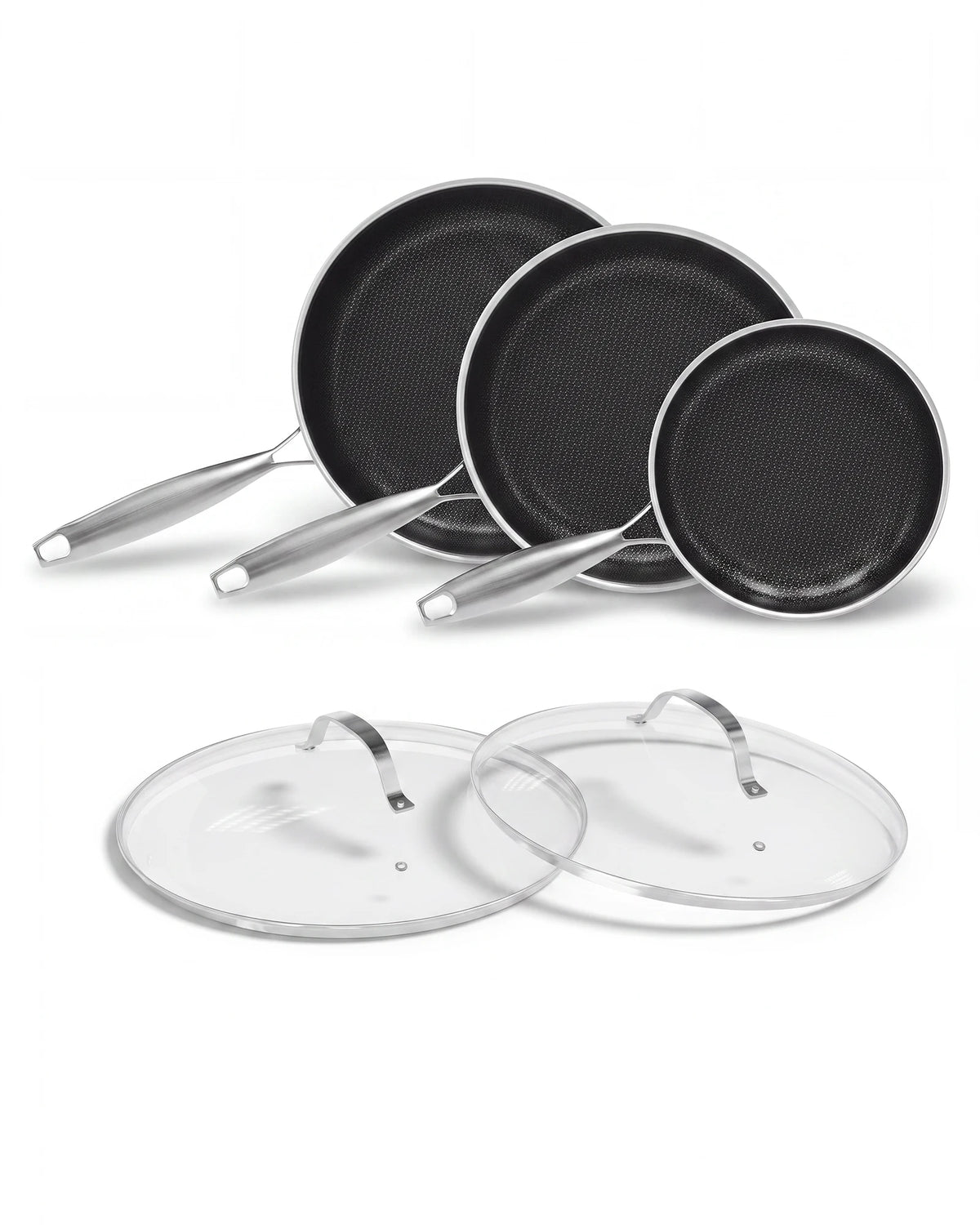 Honeycomb Stainless Steel Non-Stick Frying Pan Set with Lids – 3 Piece 3-Ply Induction Skillets 20cm, 25cm & 28cm – Ideal for Searing, Frying & Everyday Cooking