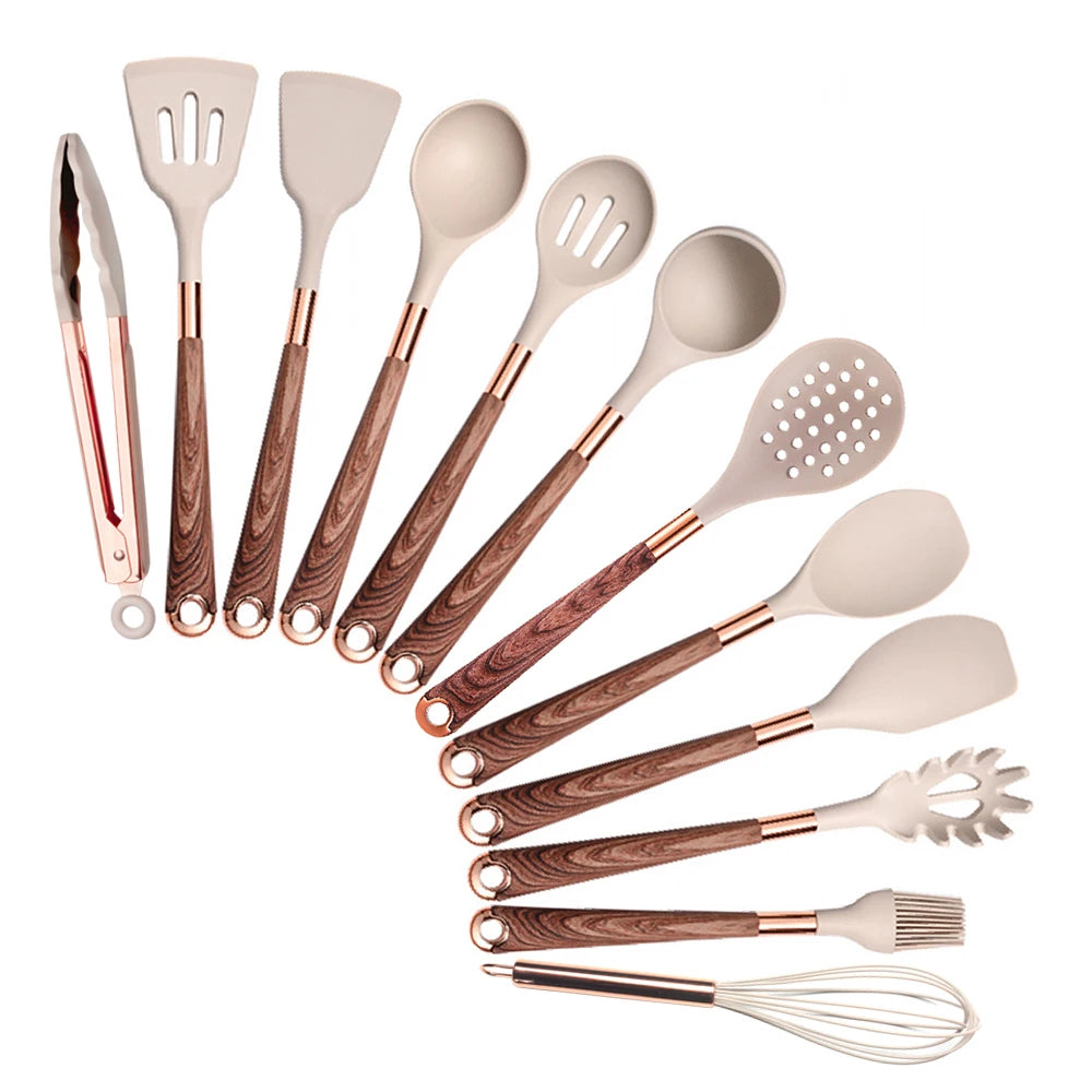 Silicone Cooking Utensils Set with Gold-Plated Handles – Non-Stick Safe, Heat Resistant | Black & Beige | Available in 5, 7, 10 & 12-Piece Sets