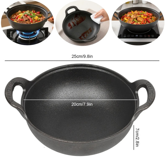 Cast Iron Wok – Handmade Forged Deep Frying Pan with Long Handle – Best for Stir-Frying, Sautéing & Small Portions (20cm)