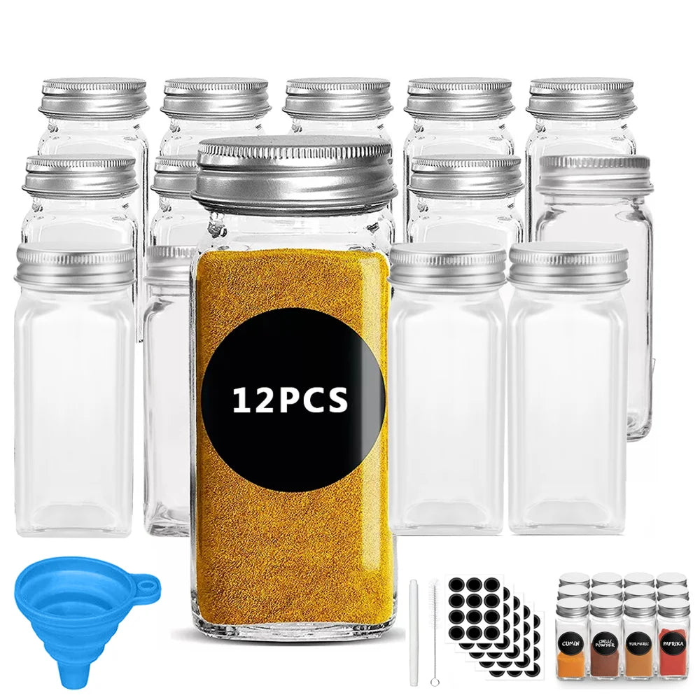 12 Piece Clear Glass Spice Bottle Set – 120ml Seasoning & Salt Jars with Adjustable Shaker Lids – Great for Organised Spice Cupboards
