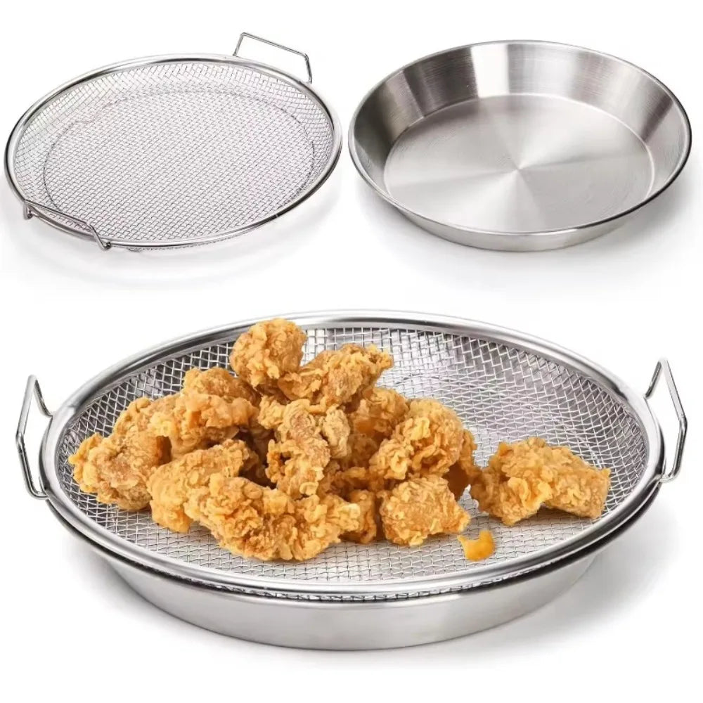 Multi-Use Round Stainless Steel Frying Oil Strainer/Drainer Mesh Rack with Elevated Handles and Drip Tray Set, 2-in-1 Mesh Basket & Tray Combo for Fried Foods, Chicken, Fries & Tempura, Strainer, Vegetable Washing & Baking Cooling 2PCS