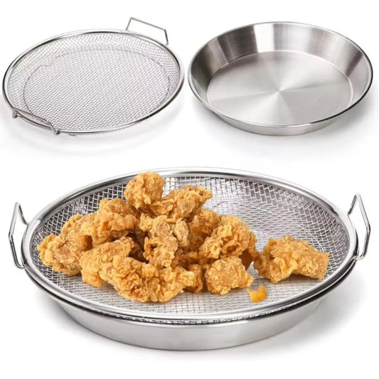 Multi-Use Round Stainless Steel Frying Oil Strainer/Drainer Mesh Rack with Elevated Handles and Drip Tray Set, 2-in-1 Mesh Basket & Tray Combo for Fried Foods, Chicken, Fries & Tempura, Strainer, Vegetable Washing & Baking Cooling 2PCS