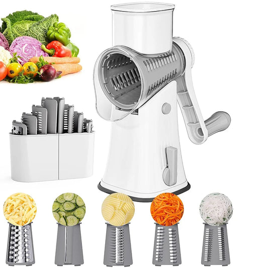 5-in-1 Rotary Cheese and Vegetable Grater with Handle and Suction Base – Multifunctional Interchangeable Rotating Drum Blades for Slicing, Shredding, and Grinding.(Available in Green, White, and Black Colours)