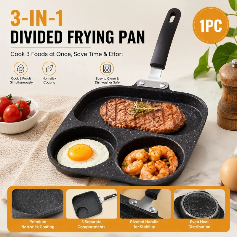 3 in 1 Divided Breakfast Pan – Non-Stick Stone-Coated Egg, Steak & Burger Skillet – Best for Full Breakfasts in One Pan