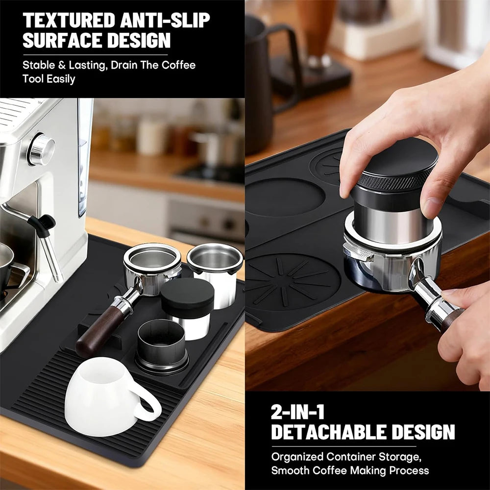 Silicone Espresso Machine Coffee Mat with Detachable Tamping Mat – Anti-Slip Heat Resistant Coffee Bar Mat – Ideal for Home Coffee Stations