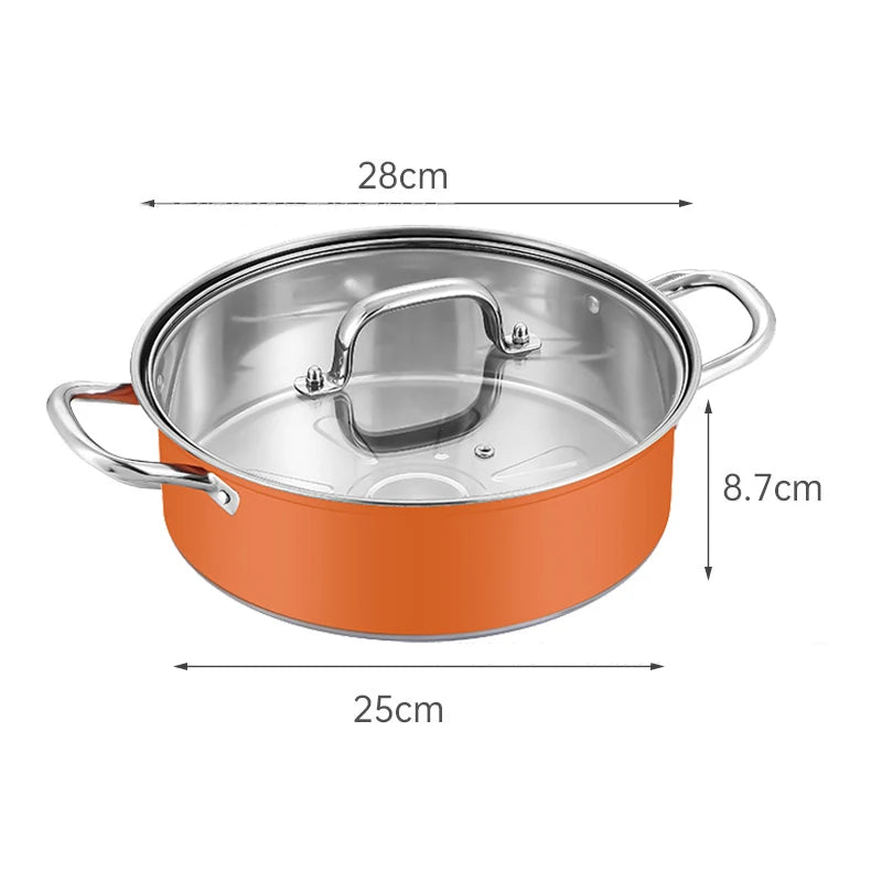 28cm Colorful Stock Pot with Glass Lid Premium Stainless Steel Stew Pot Induction Compatible Thick Cooking Pot for Soup Pasta Orange