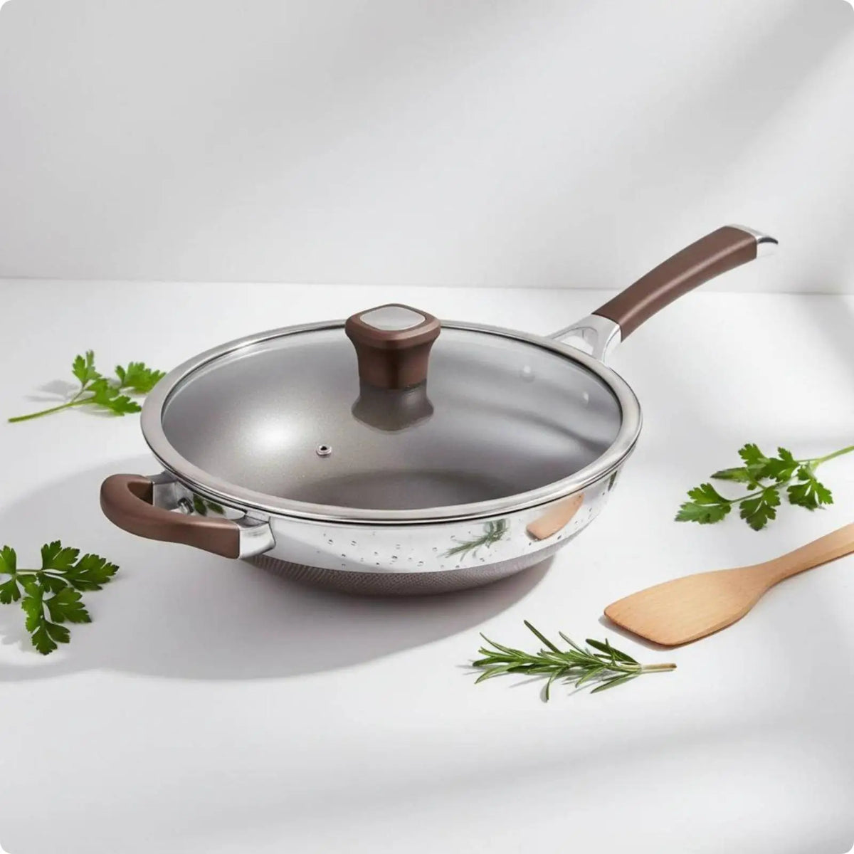 Titanium Non-Stick Frying Pan with Glass Lid – 304 Stainless Steel Large Skillet for Induction – Great for Family Stir-Fries & Searing – Available in 32cm & 34cm