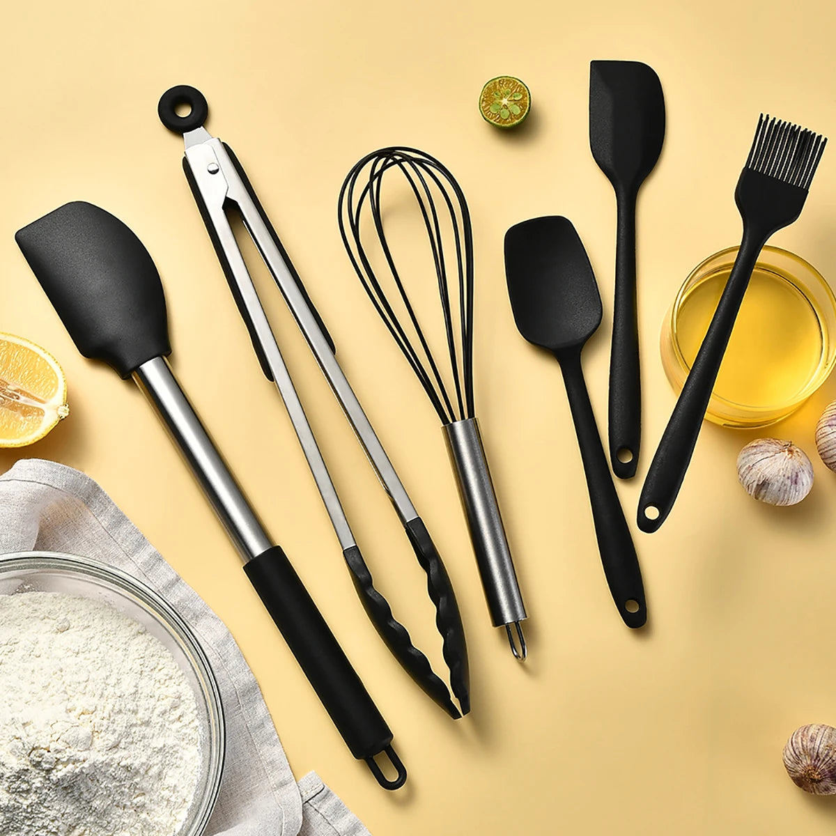 Silicone Kitchen Utensils Set with Stainless Steel Handles – Heat-Resistant & Safe for Non-Stick Cookware – Ideal for Daily Cooking – Available in Multiple Colours & Various Piece Set Options