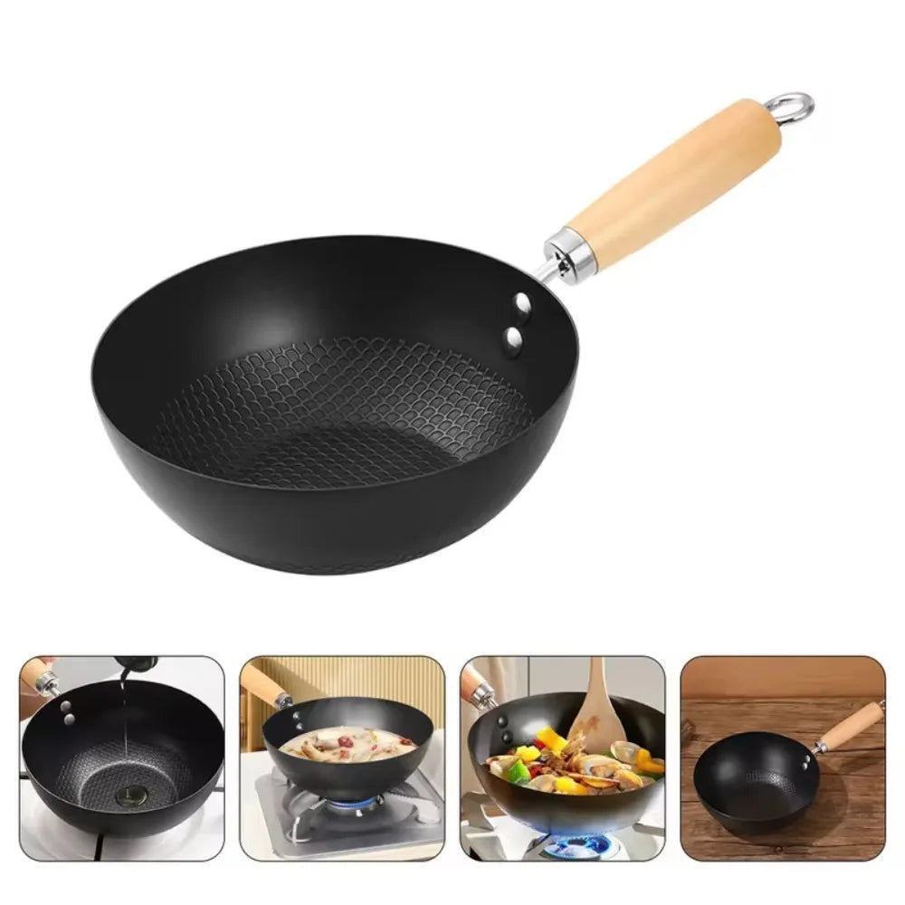 Small Iron Wok with Wooden Handle – Uncoated Deep Stir-Fry Pan for Gas & Induction – Best for Student Flats & Small Kitchens – Available in 18cm, 20cm, 24cm & 26cm