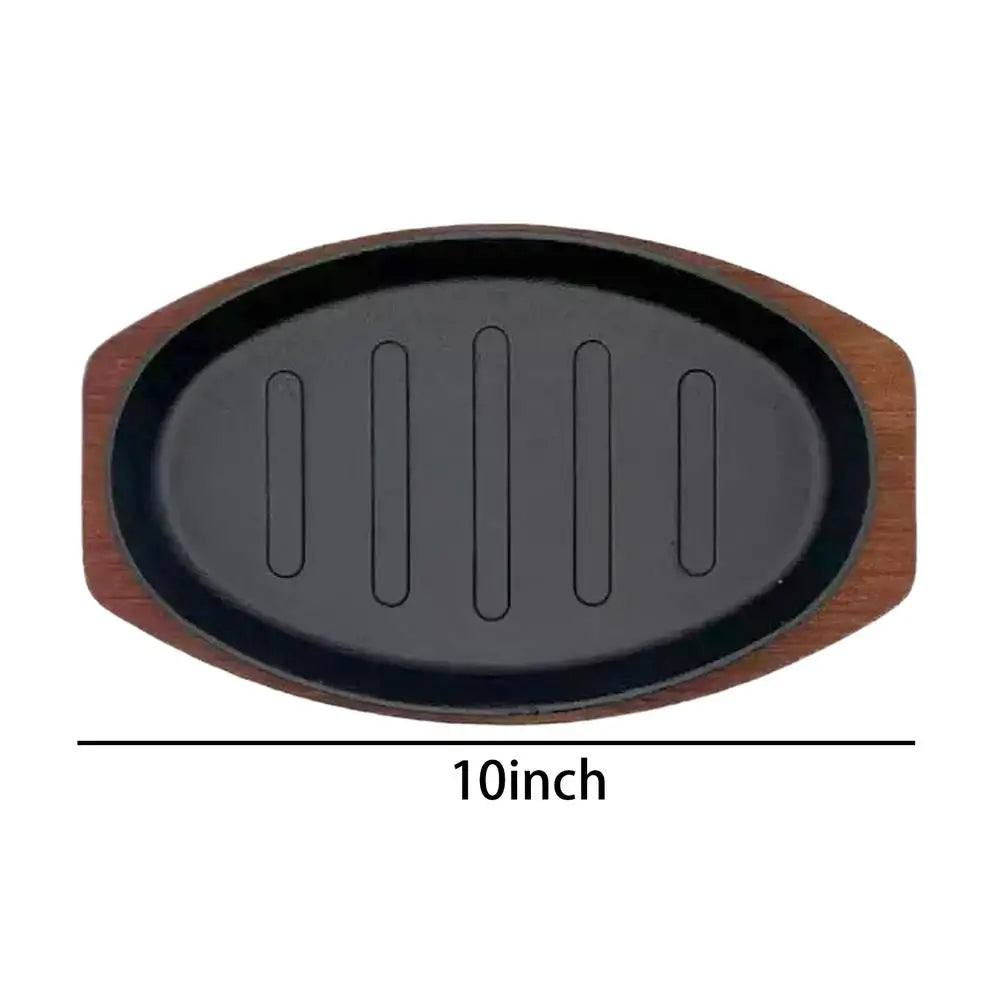 Cast Iron Sizzling Steak Plate with Wooden Base – Oval Sizzler Grill Plate & Serving Platter – Ideal for Steaks, Fajitas & Grilled Fish (10 Inch)