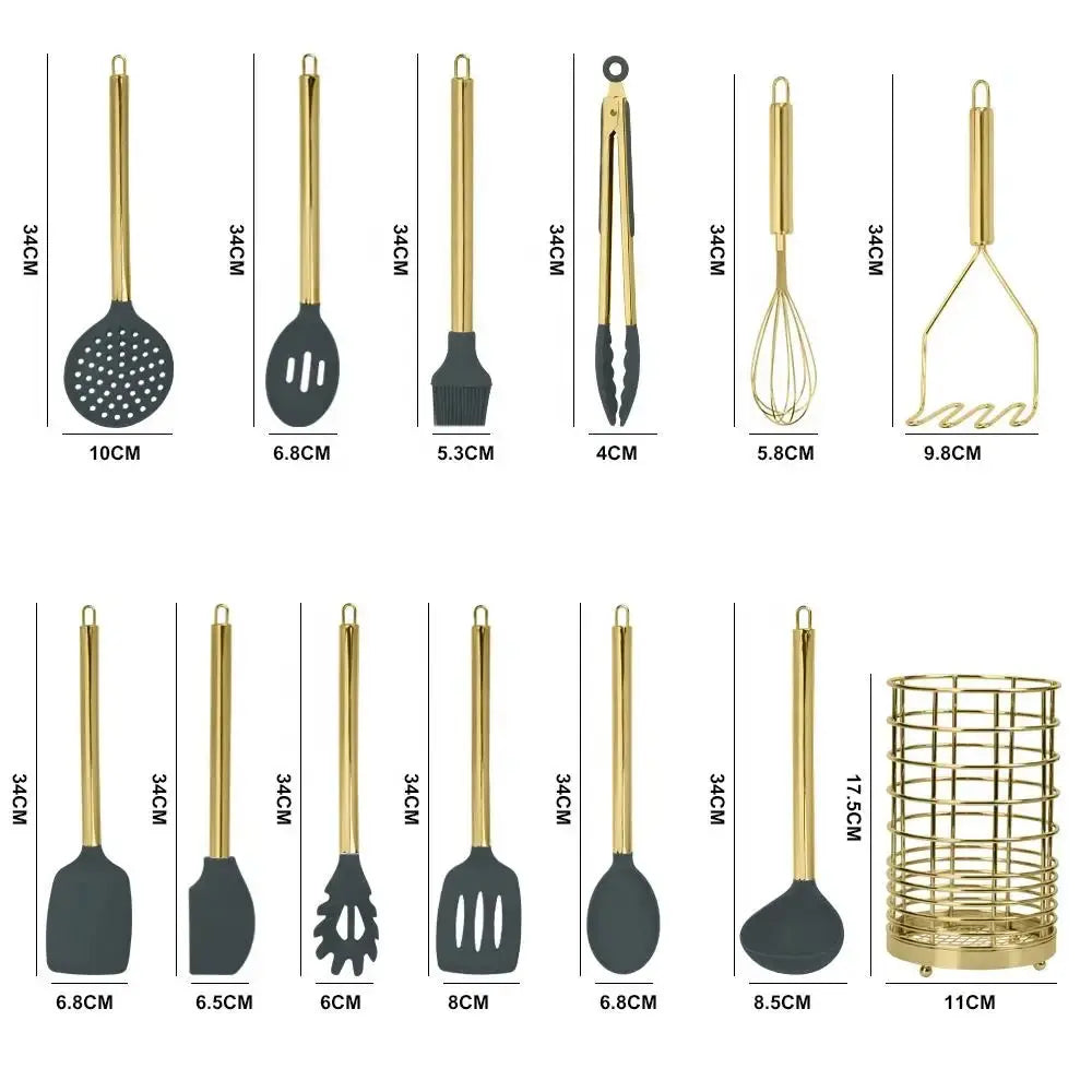Golden Stainless Steel & Silicone Kitchen Utensils Set – Heat-Resistant, Non-Stick Safe Spatulas, Spoons, Turners, Whisk, Brush & More with Matching Golden Utensil Holder – Perfect for Modern Kitchens