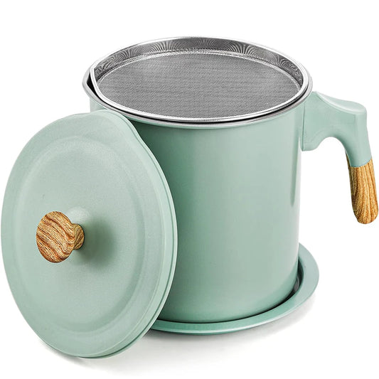 1.4L Stainless Steel Cooking Oil Storage Pot with Strainer – Oil Filter Container & Grease Keeper – Great for Reusing Frying Oil – Available in Pink, Green & Light Green Colours