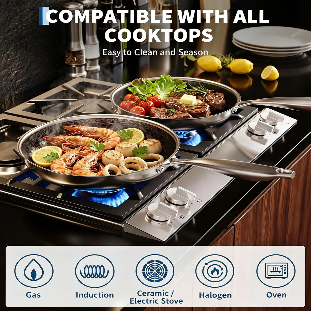 Honeycomb Hybrid 3-Ply Stainless Steel Non-Stick Frying Pan with Lid – PFOA-Free Tri-Ply Clad Skillet with Stay-Cool Handle – Ideal for Searing & Browning (28cm)