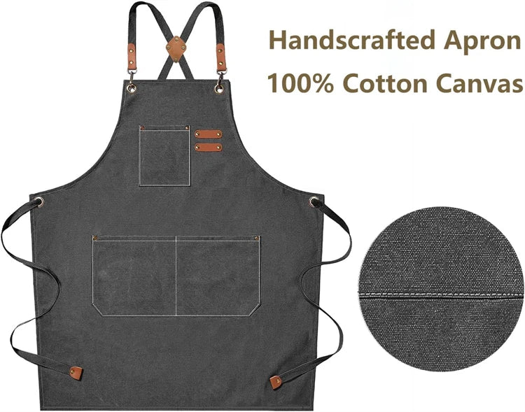 Canvas Chef Apron with Cross Back Straps – Cotton Kitchen Work Apron with Large Pockets – Best for Cooking, Baking & Grilling – Available in Dark Khaki, Blue, Black, White & Dark Grey Colours