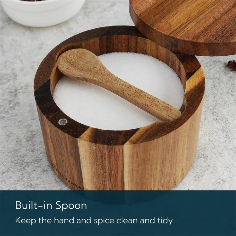 Acacia Wood Salt Box with Swivel Lid & Spoon – Salt & Pepper Cellar Seasoning Container – Great for Keeping Salt & Spices by the Hob