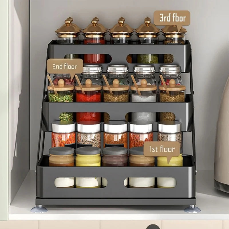 3-Tier Height-Adjustable Pull-Out Kitchen Spice Rack – Countertop Storage Organiser for Spice Bottles, Oils & Jars, Foldable & Rust-Resistant, Available in Black & White