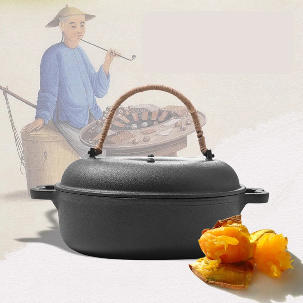 Cast Iron Sweet Potato Roaster with Lid – Garlic Roaster & Baking Pot with Centre Air Vent – Ideal for Camping, Patio & Backyard Cooking (25cm)