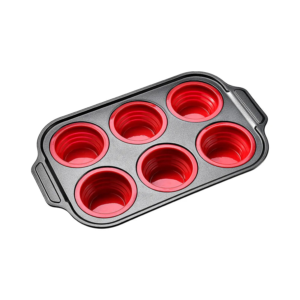 Collapsible Silicone Muffin Pan with Metal Frame Red 6 Holes