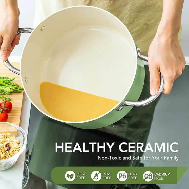 Ceramic Stock Pot with Glass Lid – 6-Quart Non-Stick Cooking Pot, Induction-Compatible – Ideal for Soups, Stews, Curries, Simmering, Sautéing & One-Pot Meals – Available in Green, Blue, Beige & Black
